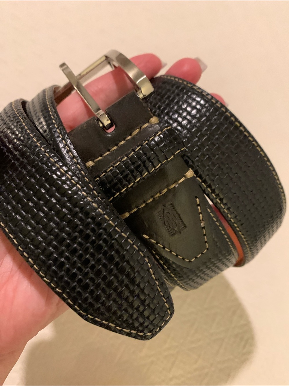 Martin Dingman, black tuscan basket weave saddle leather belt made by hand sz 44
